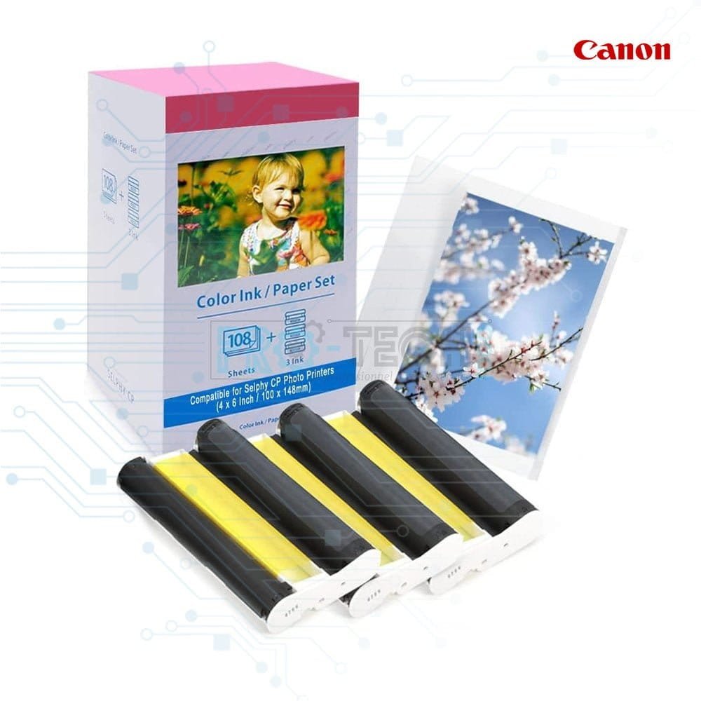 Stampante Tattoo Papier Photo Canon Selphy KP-108IN - 108 Feuilles + 3 Cartouches - Compatible CP1500, CP1300, CP1200, CP910 Kit Impression Photo