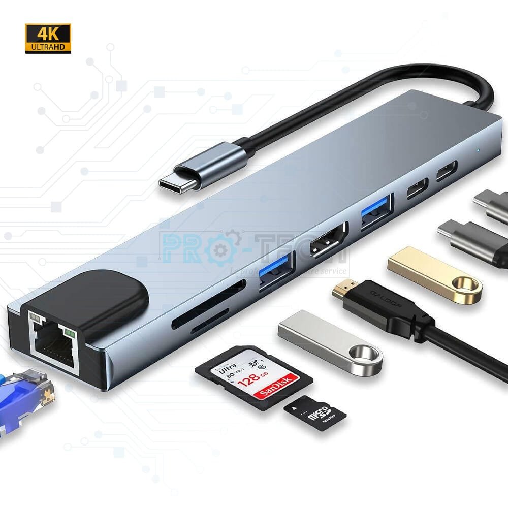 Hub USB‑C Multifonction 8‑en‑1 – Adaptateur Aluminium avec HDMI, Ethernet, USB 3.0, USB‑C PD, Lecteurs SD/TF | Station d'accueil